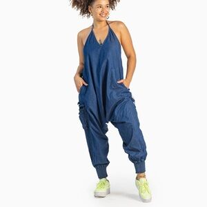Buddha Pants Jean Harem Jumpsuit Jumper One Piece Romper Halter Neck Tie Denim